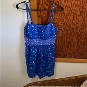 Blue dress with white polka dots